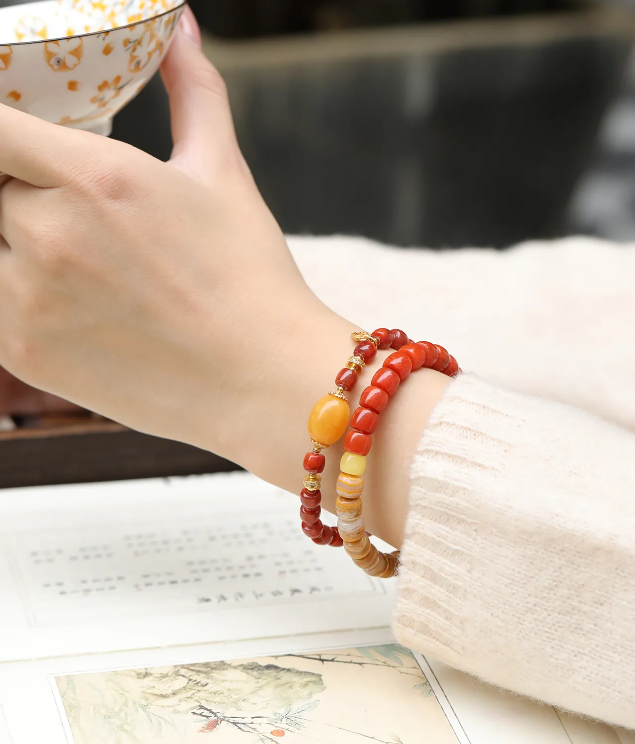 Timeless Grace- Nanhong & Banded Agate Bracelet