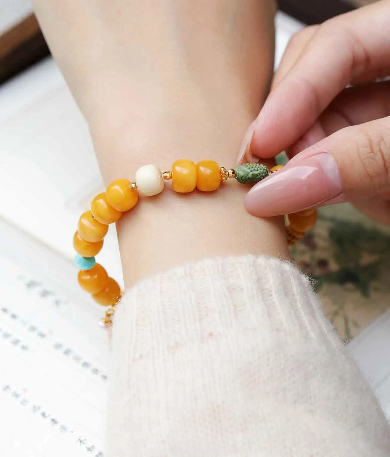 Breath Harmony- Opaque Amber & Mammoth Ivory Bracelet