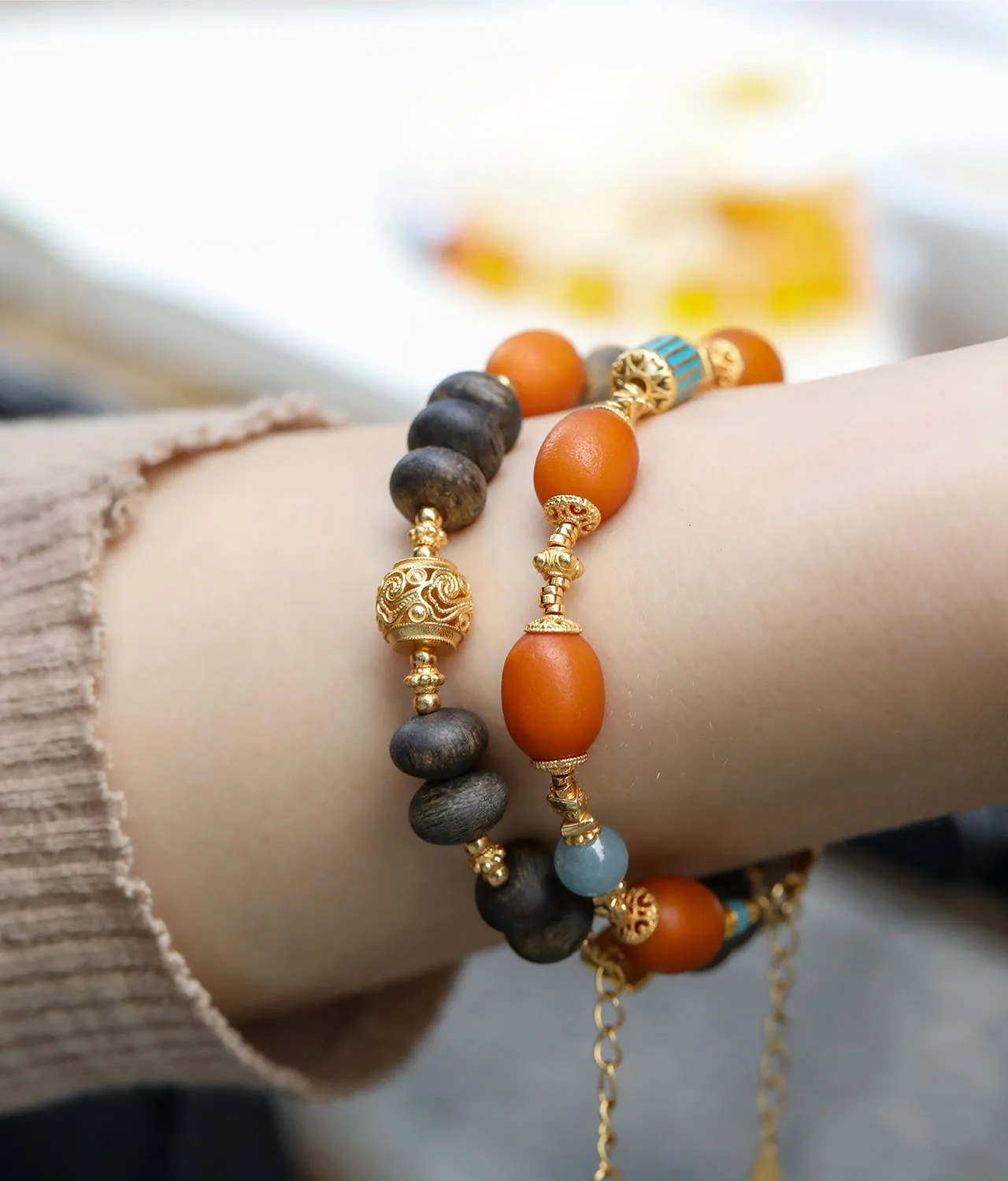 Lotus Healing- Opaque Amber & Aquamarine Bracelet