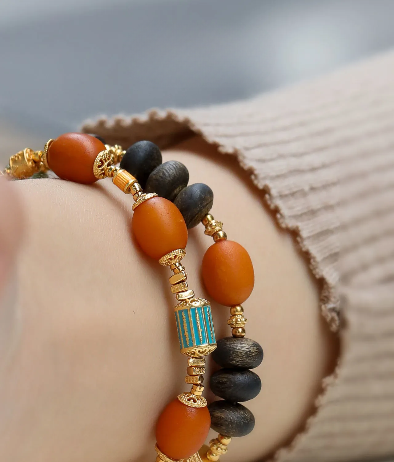 Lotus Healing- Opaque Amber & Aquamarine Bracelet