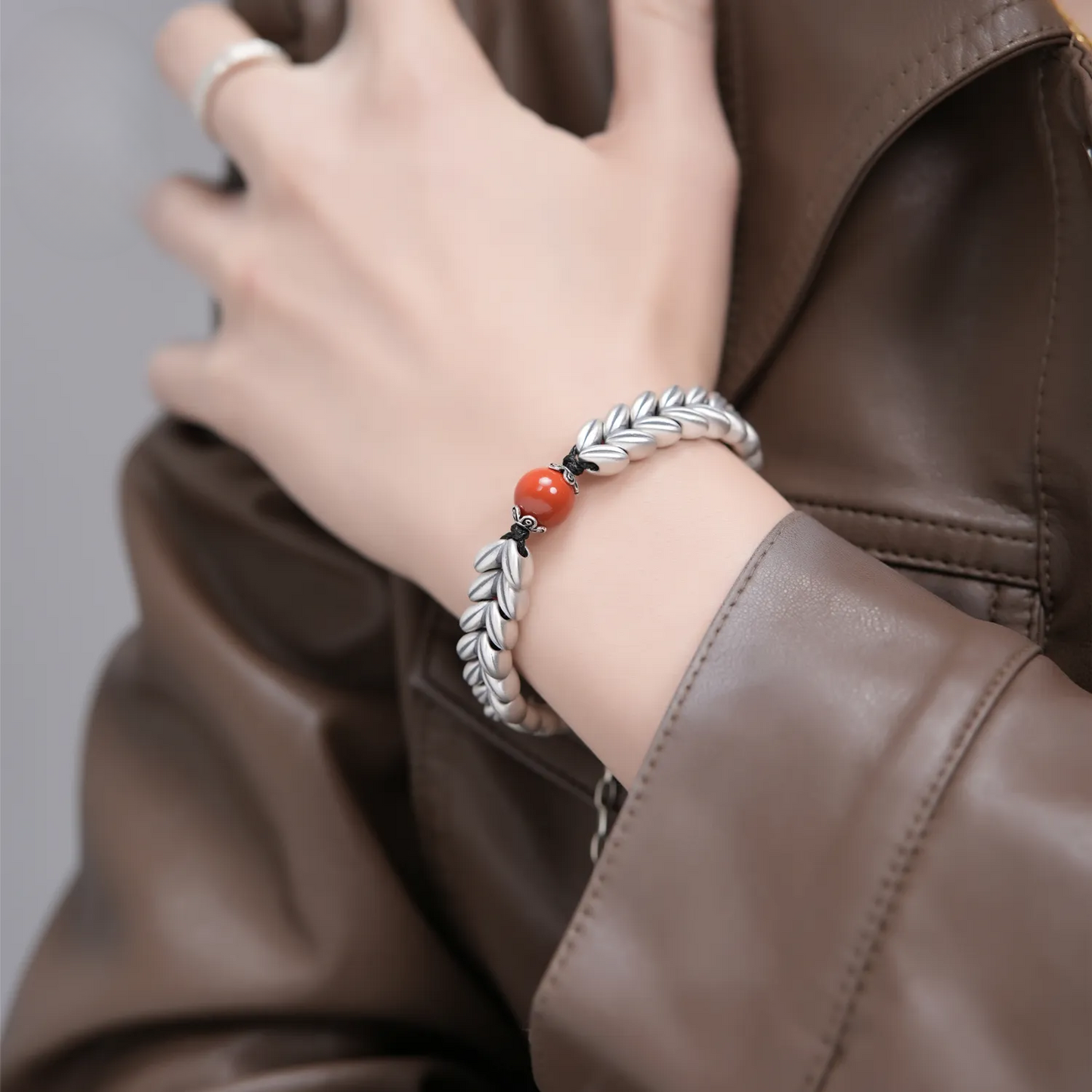 Zen Nourishment- Nanhong & Wheat Spike Silver Bracelet