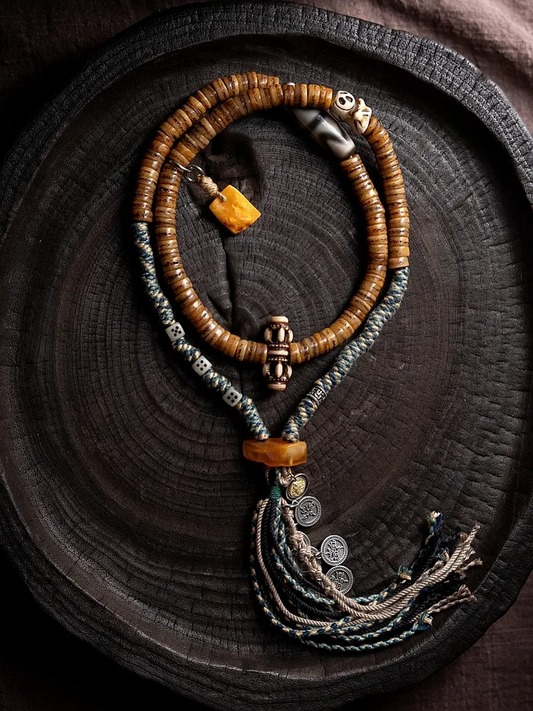 Blessed Om- Old Yak Bone Kapala Mala Beads